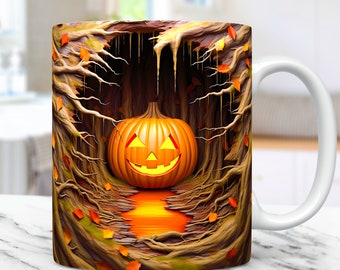 3D Spooky Pumpkin Mug Wrap 3D Halloween Cracked Hole Pumpkin Mug Wrap Sublimation Design PNG, 11oz and 15oz Coffee Cup Template