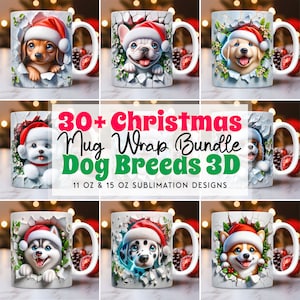 Paquete de envolturas para tazas con razas de perros navideños en 3D, diseños de envolturas para tazas con gorro de Papá Noel, plantillas para tazas de café PNG de 11 oz y 15 oz, diseño de taza con perro lindo