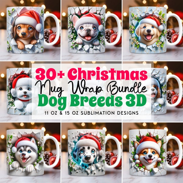 3D Races de chiens de Noël Mug Wrap Bundle Santa Hat Mug Wrap Sublimation Designs PNG 11oz & 15oz Coffee Cup Template Cute Dog Mug Design