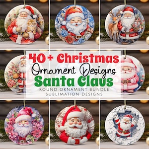 Pacchetto di ornamenti natalizi di Babbo Natale PNG Disegni di sublimazione, modello di ornamento rotondo di Babbo Natale 3D png, download digitale istantaneo