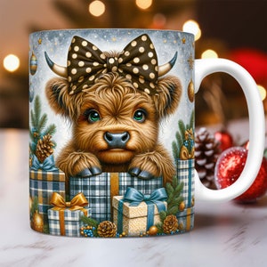 May include: A white ceramic mug with a handle features a festive illustration of a Highland cow wearing a black and white polka dot bow. The cow is surrounded by presents wrapped in plaid paper and decorated with gold ribbon. The background is a snowy scene with twinkling lights.
