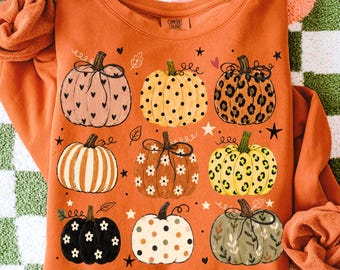 Halloween Boho Pumpkin PNG, Preppy Fall Pumpkin Sublimation, Coquette Autumn Shirt PNG, Cute Pattern Pumpkin Design, Trendy Thanksgiving Png