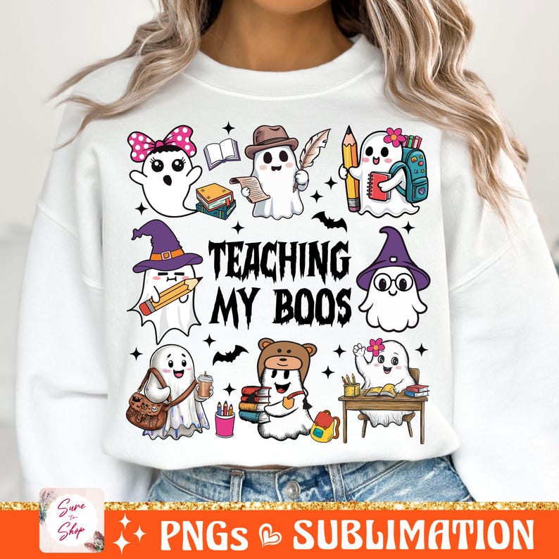 May include: White sweatshirt with a graphic of ghosts dressed as teachers and the text "Teaching My Boo's".