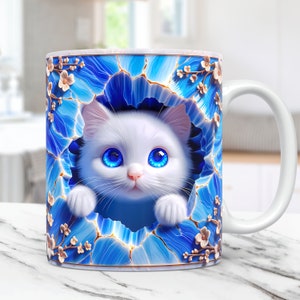 3D Kitten Hole In A Wall Mug Wrap Cat Mug Wrap Sublimation Design 11oz and 15oz Coffee Cup Template 3D Cute Floral Cat Mug PNG Press Design