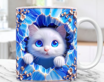 3D Kitten Hole In A Wall Mug Wrap Cat Mug Wrap Sublimation Design 11oz and 15oz Coffee Cup Template 3D Cute Floral Cat Mug PNG Press Design