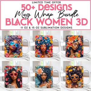 May include: Set of six 11 oz and 15 oz sublimation mug wrap designs featuring black women with colorful floral and butterfly designs.  The designs are perfect for creating unique and personalized mugs.