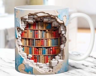 3D-bokmuggomslag, 3D-bokhyllemuggomslag, sublimeringsdesign PNG, 3D-bokälskaremuggomslag, 11oz och 15oz muggmall, digital nedladdning