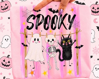 Striped Spooky Season PNG, Preppy Cat Skeleton Ghost PNG, Girly Halloween Shirt Png, Trendy Fall Sublimation Design