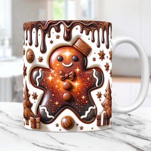 Tazza di pan di zenzero 3D Tazza di Natale Wrap Design di sublimazione PNG gonfiato Modello di tazza da caffè da 15 once e 11 once Design di pressatura per tazza di pan di zenzero 3D