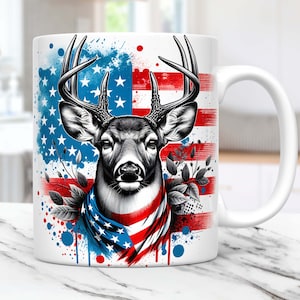 Deer Mug Wrap 4th of July Deer Mug PNG Hunting Wilderness Sublimation Design American Flag Patriotic Deer 11oz 15oz Coffee Cup Template Mug