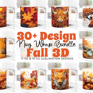 3D Fall Mug Wrap Bundle Fall Leaf Mug Wrap Sublimation Designs PNG, 11oz and 15oz Mug Template, 3D Autumn Mug Wrap