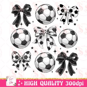 May include: A set of six digital clipart images featuring black and white footballs with black and white bows. The footballs have a classic design with black pentagons and white hexagons. The bows are in various styles, including a black bow, a white bow with black polka dots, and a black and white checked bow.
