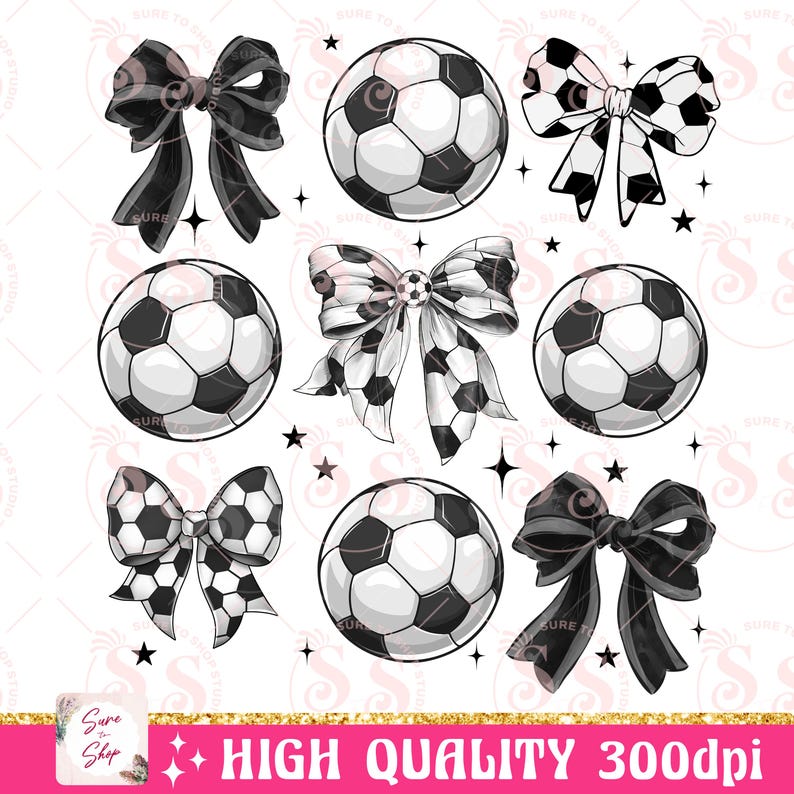 May include: A set of six digital clipart images featuring black and white footballs with black and white bows. The footballs have a classic design with black pentagons and white hexagons. The bows are in various styles, including a black bow, a white bow with black polka dots, and a black and white checked bow.