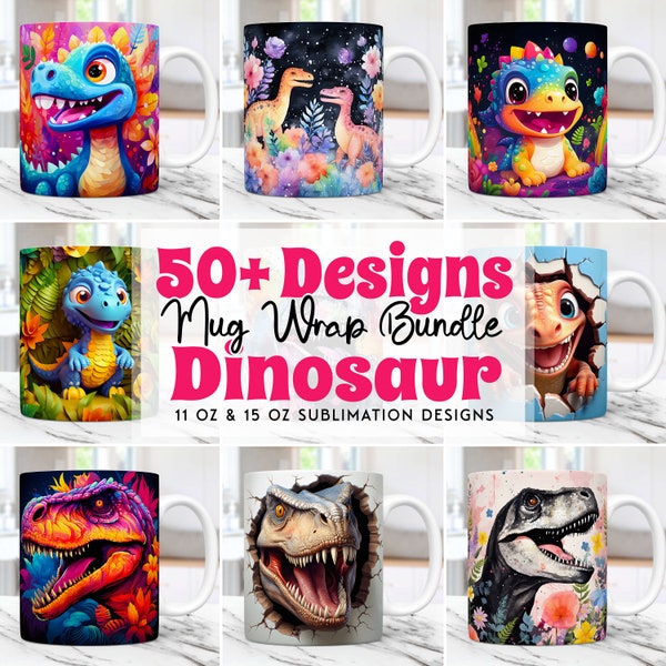 Dinosaur Mug Wrap Bundle Sublimation Designs 11oz & 15oz Mug Template 3D Roaring Dinosaur Hole In A Wall Mug Wrap Template PNG