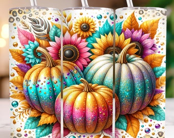 Pumpkins Fall Tumbler Wrap, Floral Fall 20oz Tumbler Wrap, Pumpkin Tumbler Png, 20oz Skinny Tumbler Sublimation Design, Digital Download