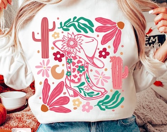 Boho Cowgirl Boot and Flowers Png, Retro Flower Png, Sublimation Designs, Retro Western Png, Boho Western Png, Floral Png, Boho Floral Png