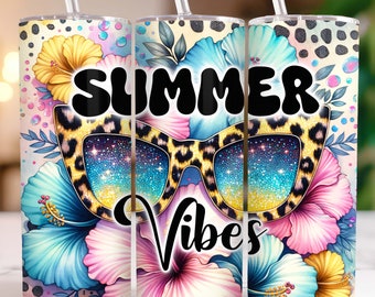 Summer Vibes Tumbler Wrap 20 oz Skinny Tumbler PNG Leopard Sublimation Design Tropical Flowers Seamless Summer Tumbler Wrap