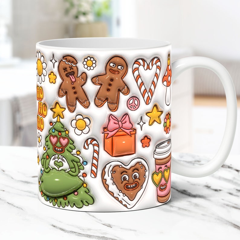 May include: White ceramic mug with a Christmas-themed design. The mug features gingerbread men, candy canes, a Christmas tree, a gift box, and a coffee cup. The design is in a cartoon style with bright colors.