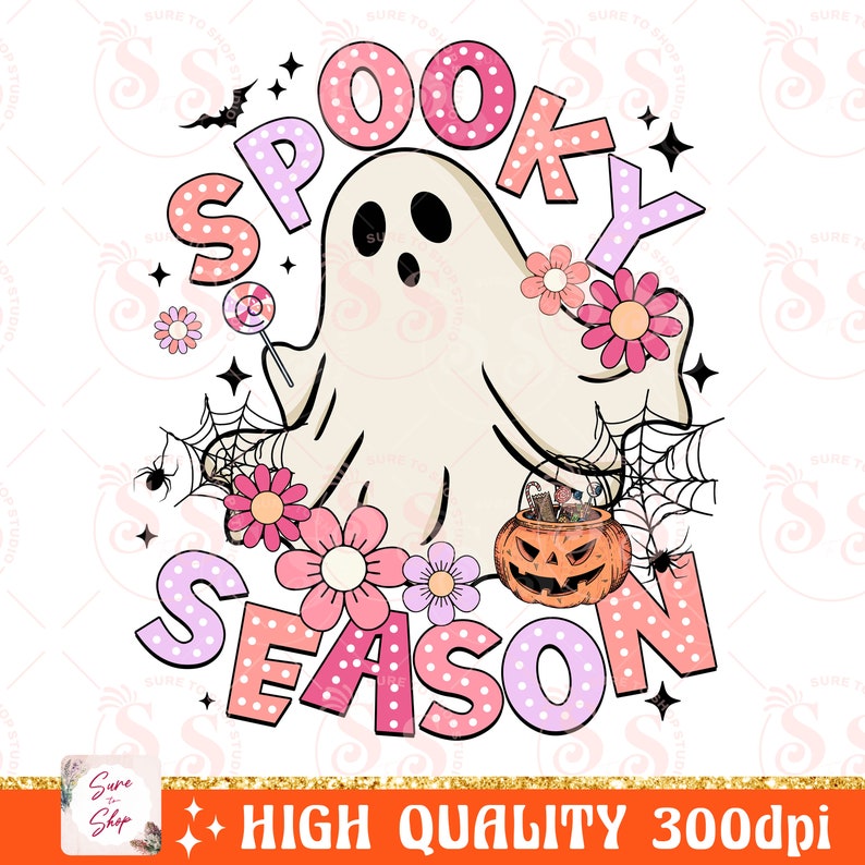 May include: A pink and white ghost with a candy cane in its hand, surrounded by pink and white flowers and a spider web. The text "Spooky Season" is written in pink and white letters with polka dots.