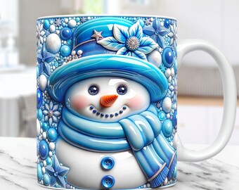 3D Aufgeblasener Schneemann Becher Wrap Weihnachtsbecher Wrap Sublimationsdesign PNG 11 Unze und 15 Unze Kaffeetasse Vorlage 3D Blumen Schneemann Becher Pressendesign