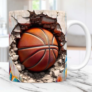 Emballage de tasse de basket-ball 3D, emballage de tasse de basket-ball 3D trou fissuré Design par sublimation PNG, emballage de tasse de sport 3D 11 oz et 15 oz