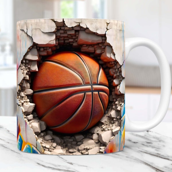 3D Basketball Mug Wrap, 3D Cracked Hole Basketball Mug Wrap Sublimation Design PNG, 3D Mug Design 11oz and 15oz Sport Mug Wrap