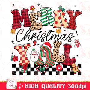Pu&ograve; includere: Un saluto natalizio colorato con le parole "Merry Christmas Y'all" in un font festivo. Le lettere sono decorate con quadri, stampa leopardata, strisce e pois. Ci sono anche varie illustrazioni a tema natalizio, tra cui un pupazzo di neve, bastoncini di zucchero e un uomo di pan di zenzero.