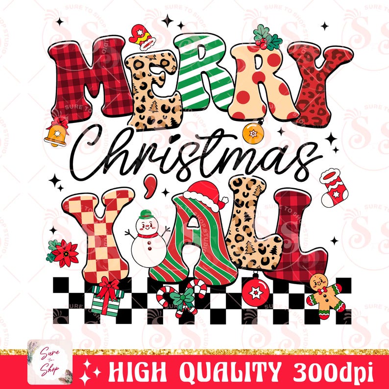 Pu&ograve; includere: Un saluto natalizio colorato con le parole "Merry Christmas Y'all" in un font festivo. Le lettere sono decorate con quadri, stampa leopardata, strisce e pois. Ci sono anche varie illustrazioni a tema natalizio, tra cui un pupazzo di neve, bastoncini di zucchero e un uomo di pan di zenzero.