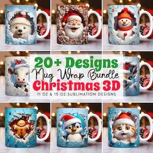 3D Christmas Mug Wrap Bundle, 3D Snowman Mug Wrap, 3D Santa Mug Wrap, Winter Animals Mug Wrap Sublimation Designs PNG 11oz 15oz mug Template