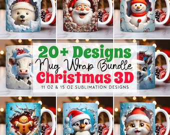 Puede incluir: Un conjunto de más de 20 diseños de envoltura de taza de Navidad con ilustraciones 3D de varios animales y personajes, incluyendo un oso polar, Santa Claus, un muñeco de nieve, una vaca, un hombre de jengibre, un pingüino y un gato. Los diseños son para tazas de sublimación de 11 oz y 15 oz.