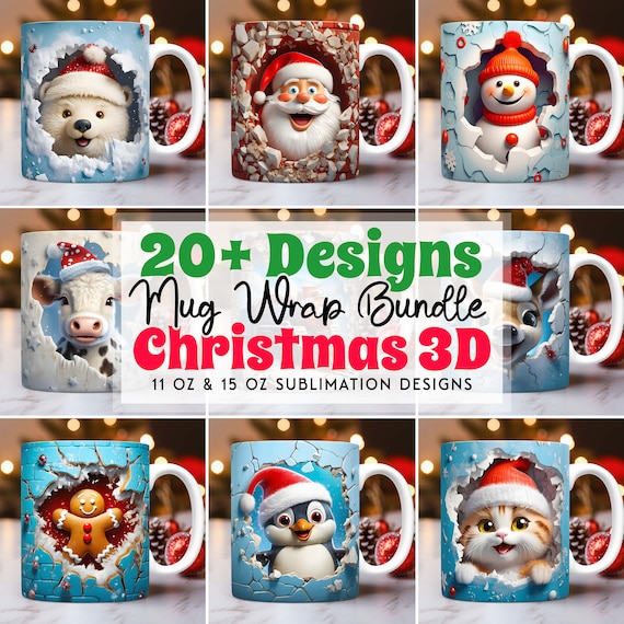 3D Christmas Mug Wrap Bundle, 3D Snowman Mug Wrap, 3D Santa Mug Wrap, Winter Animals Mug Wrap Sublimation Designs PNG 11oz 15oz mug Template