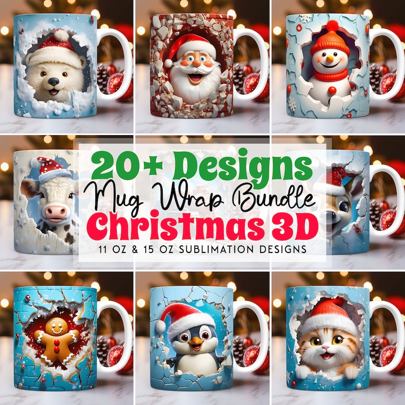 Peut inclure: Un ensemble de plus de 20 motifs d'enveloppes de tasses de No&euml;l avec des illustrations 3D de divers animaux et personnages, notamment un ours polaire, le P&egrave;re No&euml;l, un bonhomme de neige, une vache, un bonhomme en pain d'&eacute;pices, un pingouin et un chat. Les motifs sont pour des tasses &agrave; sublimation de 11 oz et 15 oz.