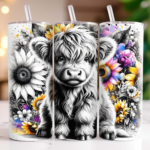 Baby Highland Cow 20 oz Skinny Tumbler Sublimation Design, Highland Cow Tumbler Wrap, Cow Tumbler Wrap, Digital Download