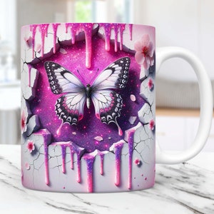 3D Butterfly Mug Wrap, 3D Crack In A Wall Mug Wrap, 11oz & 15oz Mug Template, Flower Mug Wrap Sublimation Design Mug Template PNG