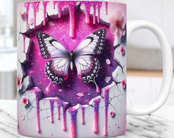 3D Butterfly Mug Wrap, 3D Crack In A Wall Mug Wrap, 11oz & 15oz Mug Template, Flower Mug Wrap Sublimation Design Mug Template PNG