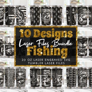 May include: A set of 10 laser cut designs for 20 oz tumblers featuring fishing themes. The designs include a variety of images, including fish, boats, and fishing gear. The designs are in black and white and are perfect for adding a personal touch to your tumblers.