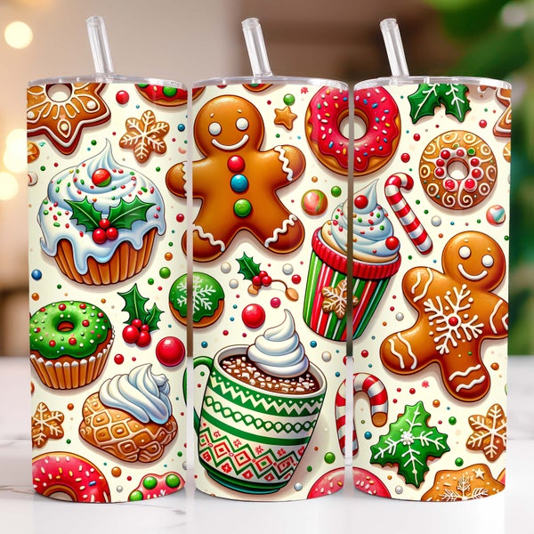 Cute Christmas Tumbler Wrap, Gingerbread Man and Donuts Skinny Tumbler Wrap PNG Sublimation Designs Straight & Tapered, Digital Download