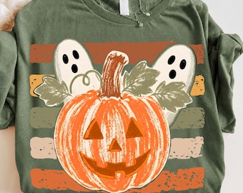 Striped Pumpkin Ghost Png, Preppy Halloween PNG, Trending Cozy Season Png, Autumn Shirt Png, Pumpkin Spice Png, Fall Png