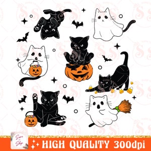 以下が含まれることがあります： ハロウィーンをテーマにしたデジタルクリップアート画像8点セット。黒い猫と幽霊が描かれています。画像には、カボチャを持っている黒い猫、キャンディーコーンを持っている黒い猫、逆さまになっている黒い猫、バケツに入ったキャンディーを持っている幽霊、ほうきを持った幽霊、カボチャに座っている黒い猫などが含まれています。