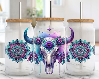 Boho Cow Skull Glass Can Wrap 16oz Glass Can PNG Sublimation Design Flowers Boho Bull Skull Can Glass Wrap Country Western Cowgirl Cup Wrap