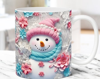 3D Snowman Mug Wrap, Christmas Mug Wrap Sublimation Design PNG, 11oz and 15oz Coffee Cup Template, 3D Floral Snowman Mug Press Design