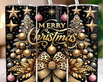 May include: Three gold and black Christmas themed tumblers with a gold bow, gold ornaments, and a gold Christmas tree. The tumblers have the words "Merry Christmas" written on them.