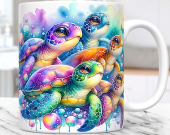 Turtle Mug Wrap Turtle Lovers Mug Wrap Sublimation Design PNG, 11oz and 15oz Coffee Cup Template, Sea Baby Turtles Mug PNG, Digital Download
