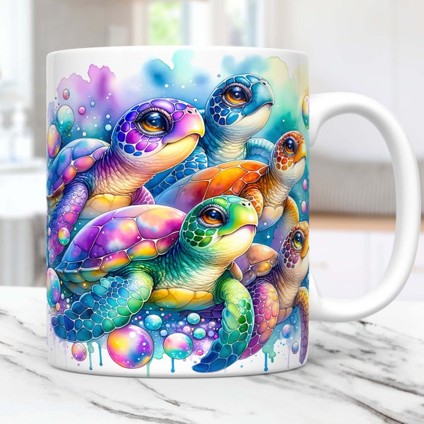 Turtle Mug Wrap Turtle Lovers Mug Wrap Sublimation Design PNG, 11oz and 15oz Coffee Cup Template, Sea Baby Turtles Mug PNG, Digital Download