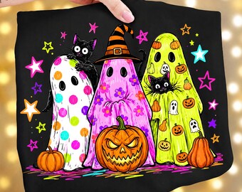 Pink Halloween Ghost PNG, Retro Halloween Cat Png, Preppy Ghost Shirt Design, Girly Ghost PNG, Colorful Leopard Ghost PNG
