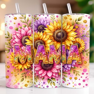 Sunflowers Mama Tumbler Wrap 20 oz Skinny Tumbler PNG Mama Sublimation Design Seamless Mom Life Leopard Glitter Mother's Day Tumbler Wrap