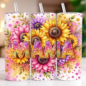 Sunflowers Mama Tumbler Wrap 20 oz Skinny Tumbler PNG Mama Sublimation Design Seamless Mom Life Leopard Glitter Mother&#39;s Day Tumbler Wrap
