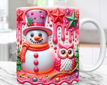 3D-Schneemannbecher Wrap Weihnachtsbecherverpackung Aufgeblasenes Sublimationsdesign PNG 11 Unzen und 15 Unzen Kaffeetassenvorlage 3D Puffy Snowman Mug Press Design