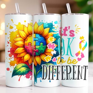 Sunflower Autism Awareness Tumbler Wrap 20oz Skinny Tumbler PNG Sublimation Design Autism Acceptance Sunflower Tumbler Wrap Digital Download