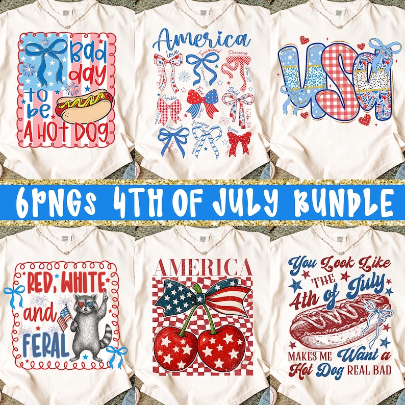 Puede incluir: Una colecci&oacute;n de camisetas blancas con dise&ntilde;os patri&oacute;ticos estadounidenses. Las camisetas presentan varios gr&aacute;ficos, incluyendo perritos calientes, lazos y la palabra "America". Una camiseta tiene un mapache sosteniendo una bandera. Tambi&eacute;n est&aacute; presente el texto "6 PNGS 4TH OF JULY BUNDLE".